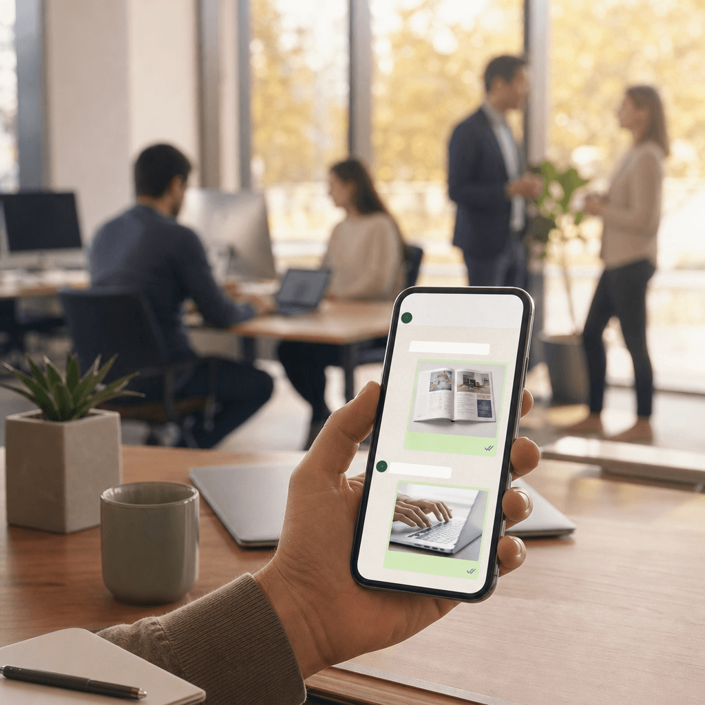 Smartphone mockup showing a WhatsApp conversation thread with an AI assistant sending a brochure PDF, followed by a booking link message
