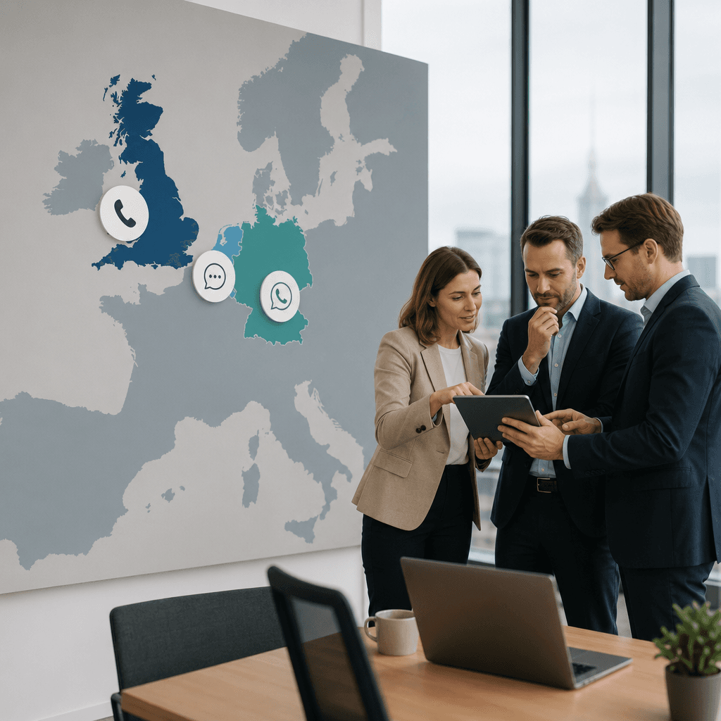 Map of Europe highlighting DACH, UK and Benelux regions with distinct icons representing phone, hybrid and WhatsApp communication styles