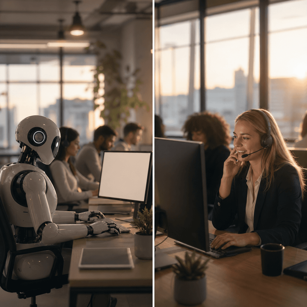 Split-screen illustration showing AI handling initial call on one side and seamless handoff to human agent on the other