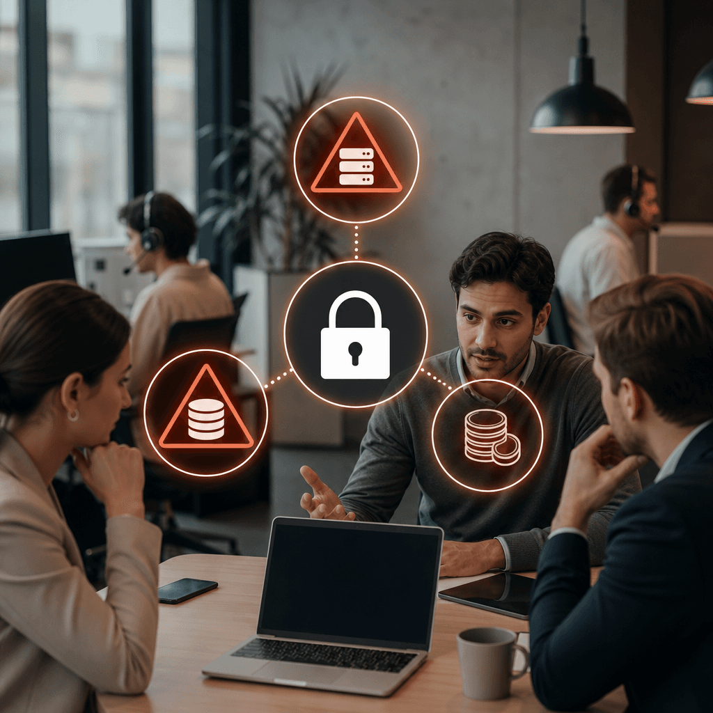 Infographic showing the three lock-in risk categories (technology, data, exit costs) as interconnected warning signs with a padlock symbol
