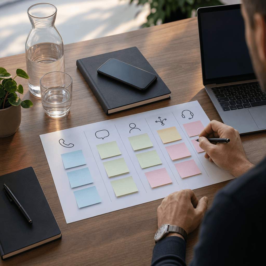 Visual template showing a workflow mapping worksheet with the five categories and example entries for a service business