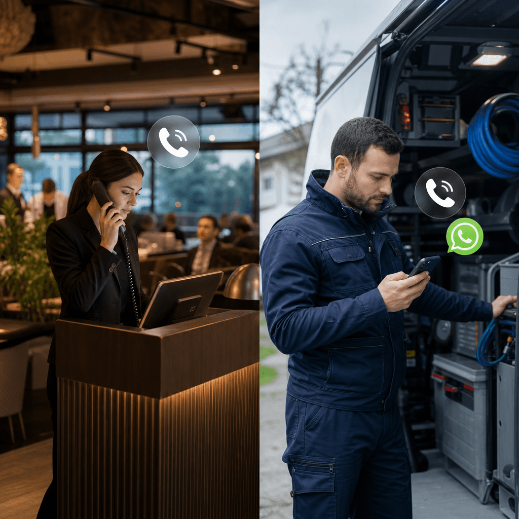 Split image showing a busy restaurant host desk on one side and a plumber's van on the other, both with phone icons indicating incoming calls being handled