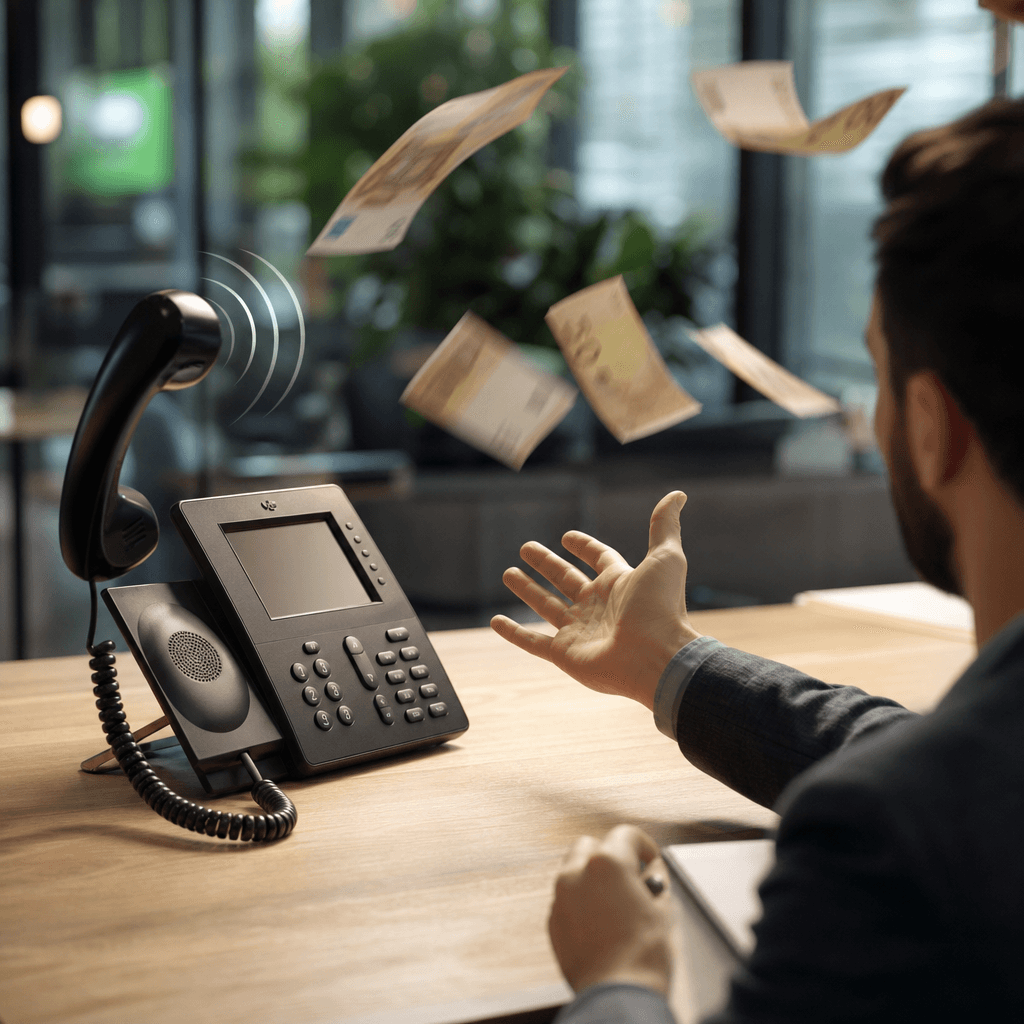 Infographie montrant un téléphone qui sonne avec des billets de banque s'envolant, illustrant la formule 5 appels × 50€ × 33% = 83€/jour perdus