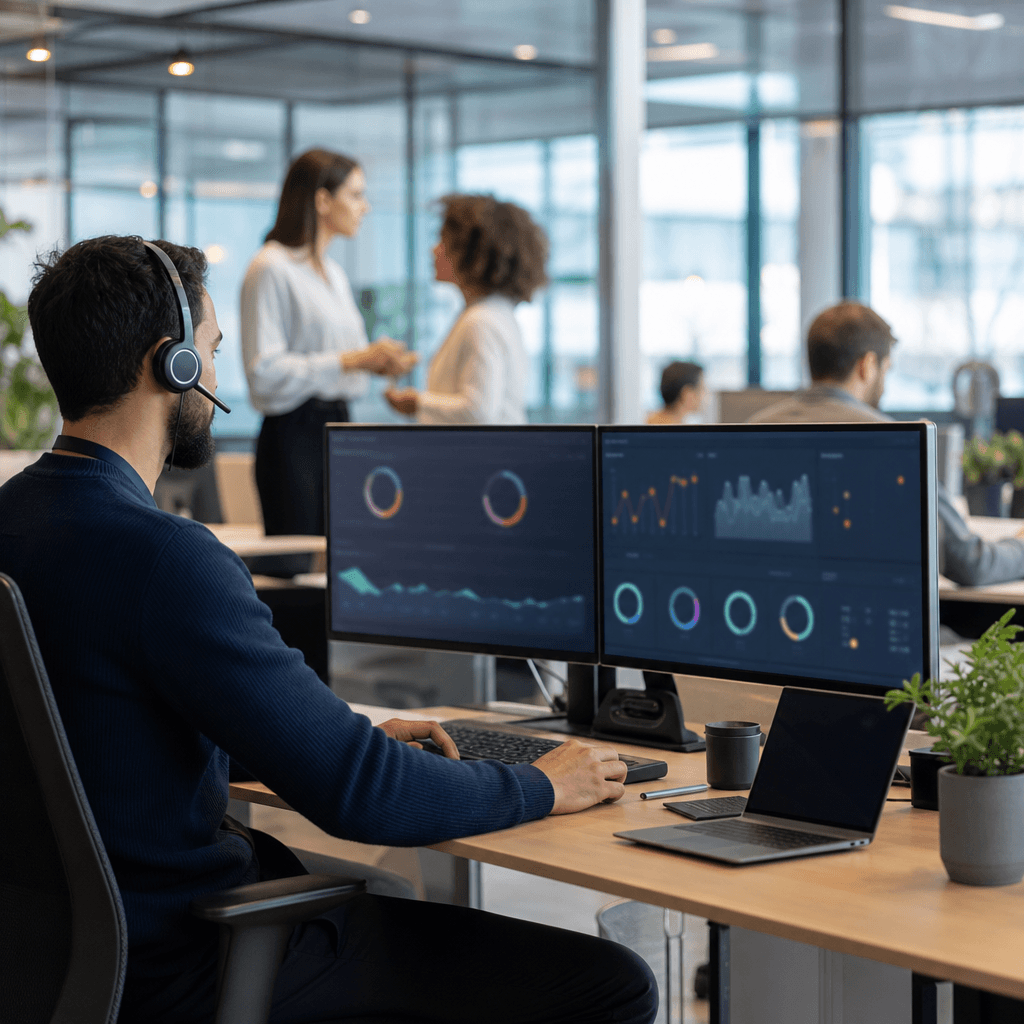 Dashboard de monitoring qualité affichant les KPIs clés : taux de conformité, appels traités, alertes anomalies