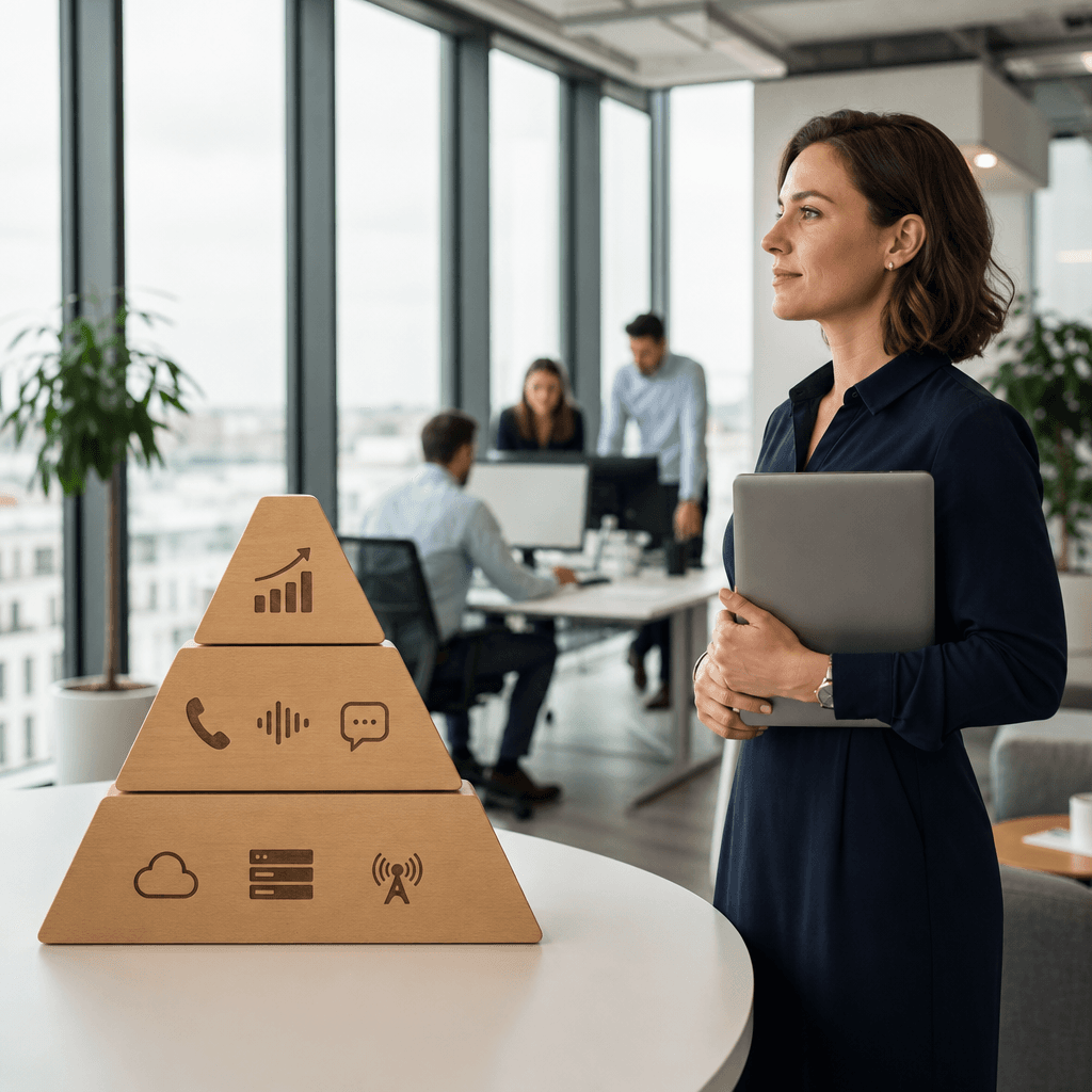 Pyramid diagram showing three monitoring layers: infrastructure at base, conversational quality in middle, business outcomes at top